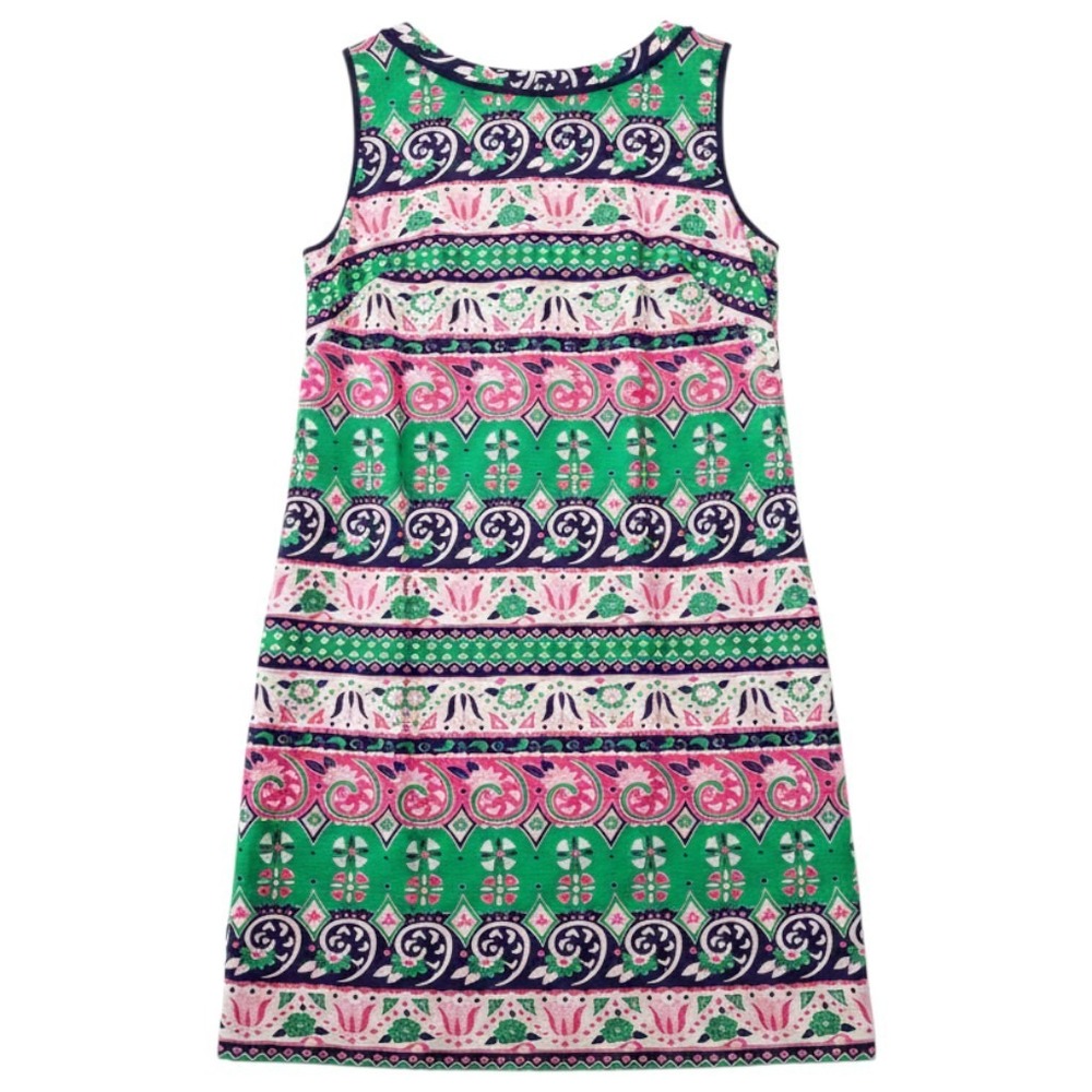 Talbots Shift Dress Womens 8 Green Pink Floral Medallion Sleeveless Fringe Trim